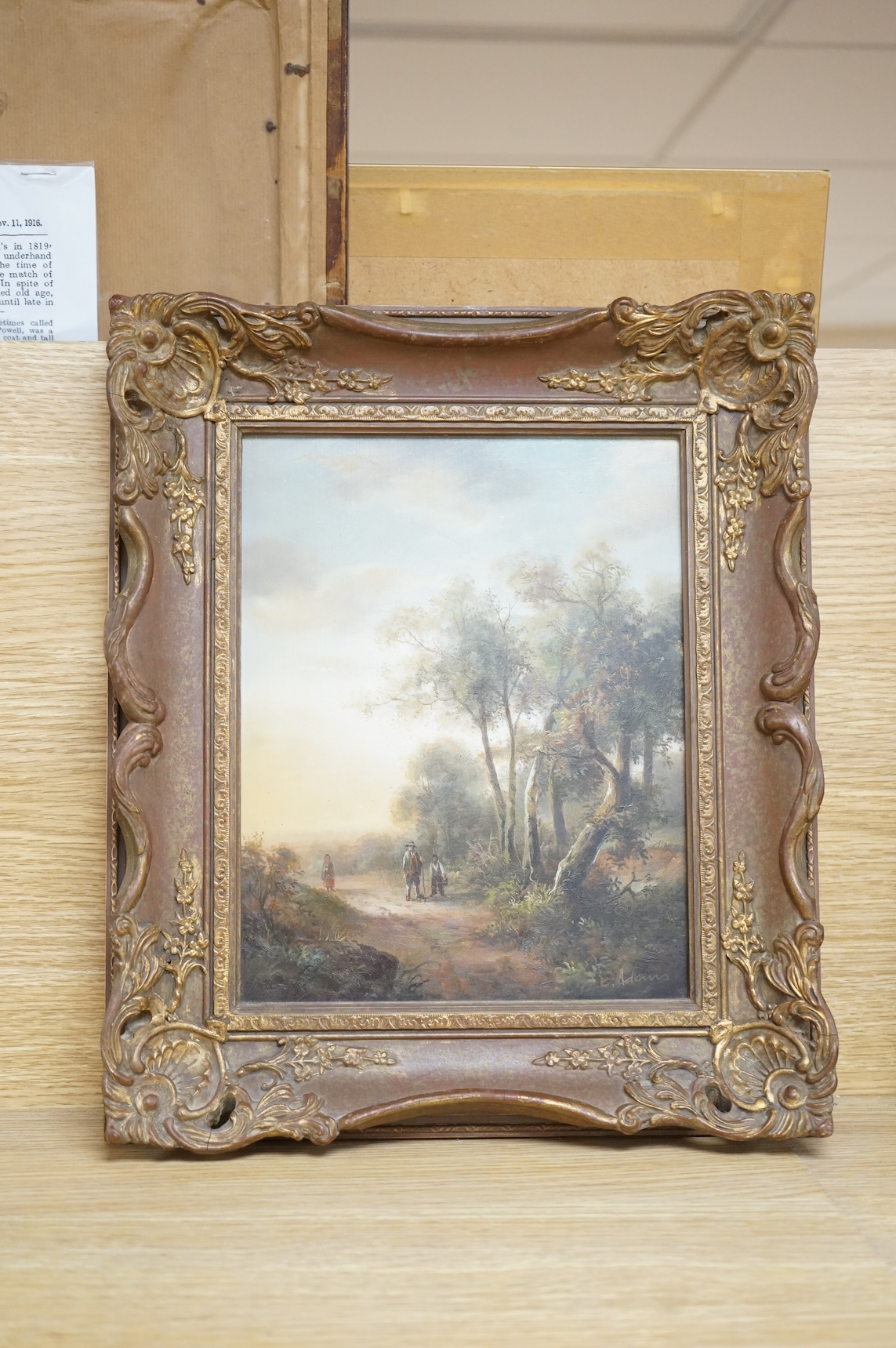 E. Adams (19th. C), Riverscape and pathway, signed, pair of oils on board, 19 x 24cm, ornate frame